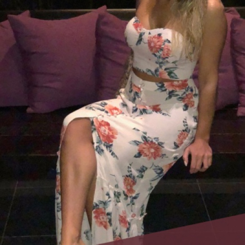 AEO Two Piece Pale Floral Tank and Skirt Set